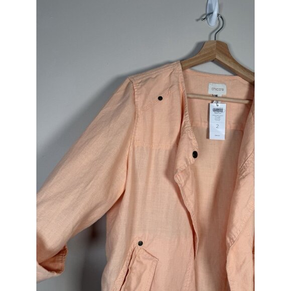 Chico's Linen Jacket Large 2 Women Cropped Drape Open Front Lagenlook Utility - Picture 2 of 14
